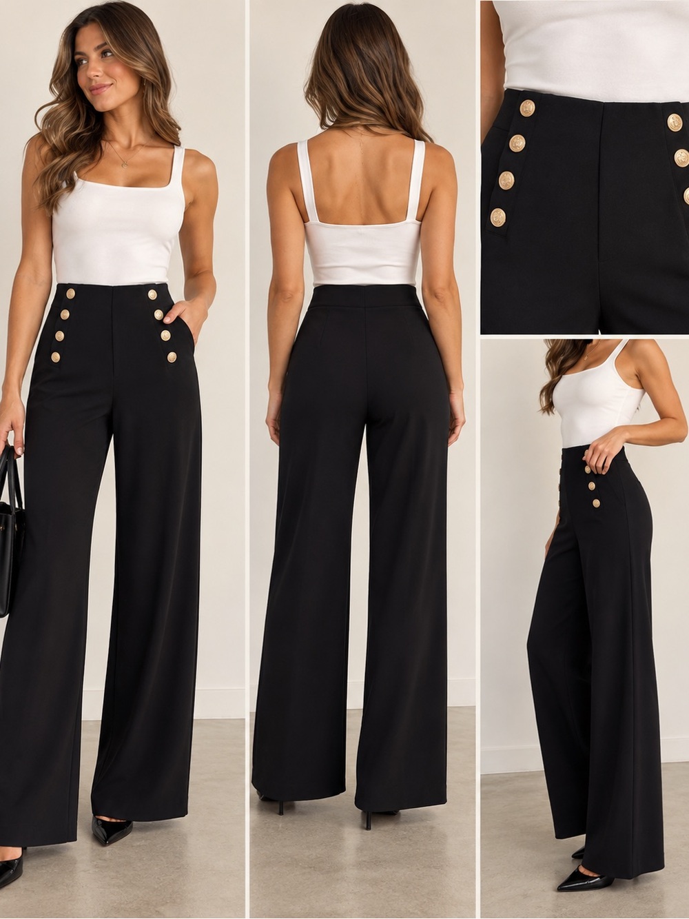 H&M Black High-Waist Wide Leg Sailor Pants with Gold Buttons